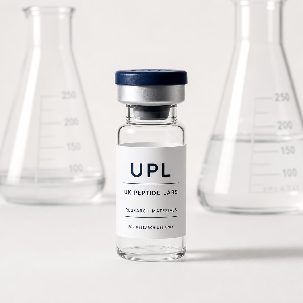 UK Peptide Labs research vial alongside Erlenmeyer flasks